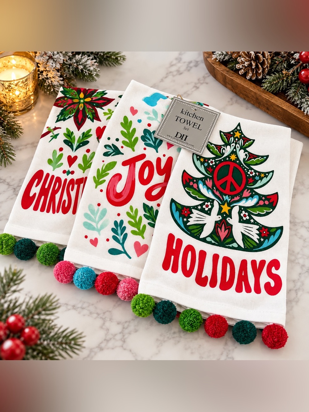 Holiday Kitchen Towel Set of 3 - White & Red Festive Design